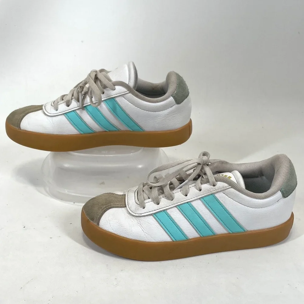 Adidas VL Court 3.0 White Turquoise Gum Sole Leather Sneakers JS2596 youth 3